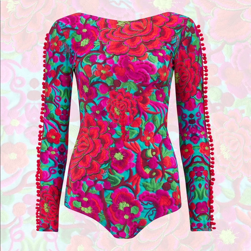 LOM Folklorico Rainbow Pom Pom Sleeve Bodysuit S